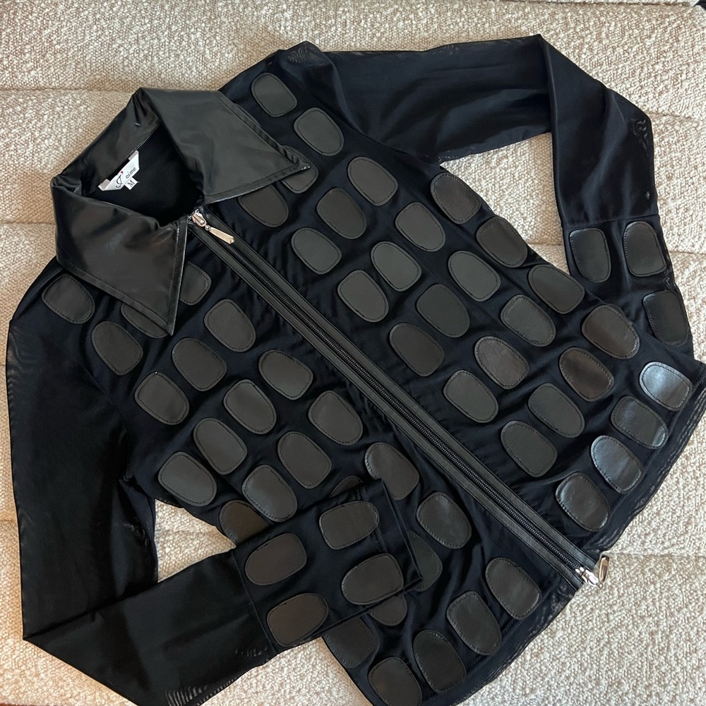 Vintage Mesh Long Sleeve Top with Leather details